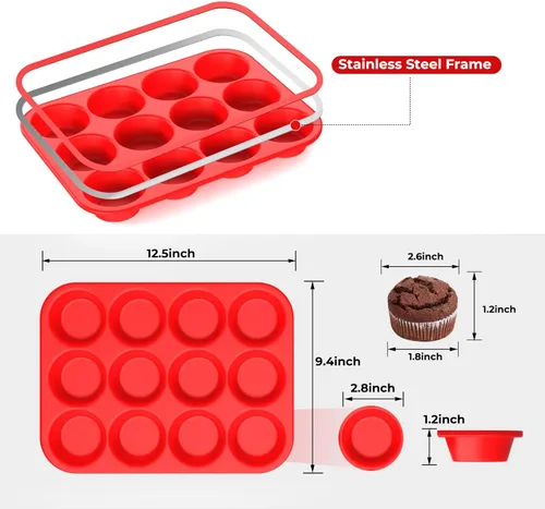Miniatura 2 de Molde de silicona para muffins para hornear: Molde para muffins de 12 cavidades con marco reforzado de metal, moldes de tamaño regular para cupcakes