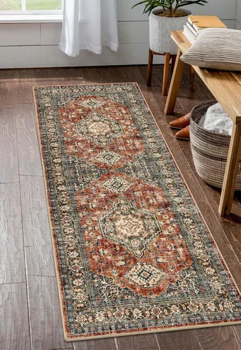 Miniatura 60 de Lahome Alfombra oriental lavable de área pequeña, 2 x 3 pies, para entrada, cocina, ultra fina, suave, tapete antideslizante para puerta de Azul