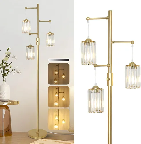 Miniatura 9 de Lámparas de pie de cristal dorado para sala de estar, 3 luces regulables, lámpara de pie moderna con pantalla de cristal, interruptor de atenuación
