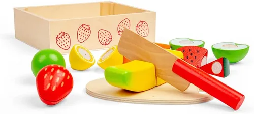 Miniatura 4 de Bigjigs Toys Caja de madera para cortar frutas con tabla de cortar y cuchillo - Juguetes de comida para jugar