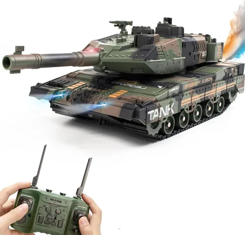 Tanque RC – 2.4Ghz control remoto de juguetes del ejército con demostración automática de sonido, luz de humo, 13 canales de vehículos militares,