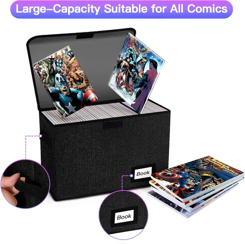 Miniatura 5 de Caja de almacenamiento para cómics de 15.8 x 7.8 x 11.8 pulgadas, plegable con capacidad para 160-180 organizador de cómics resistente (negro)