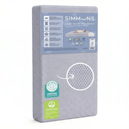 Simmons - Colchón transpirable para cuna y colchón infantil con funda extraíble y lavable a máquina, GREENGUARD Gold - Impermeable - Núcleo de fibra