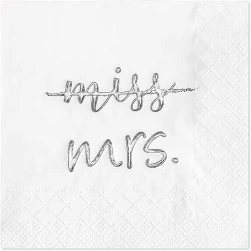 Crisky Servilletas de cóctel plateadas de 3 capas de Miss to Mrs para despedida de soltera, compromiso, despedida de soltera, postre, mesa de