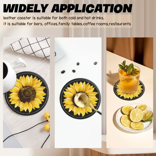 Miniatura 4 de Posavasos para bebidas de piel sintética, juego de 6 con soporte, regalo de inauguración de la casa, decoración del hogar, girasol de acuarela negro