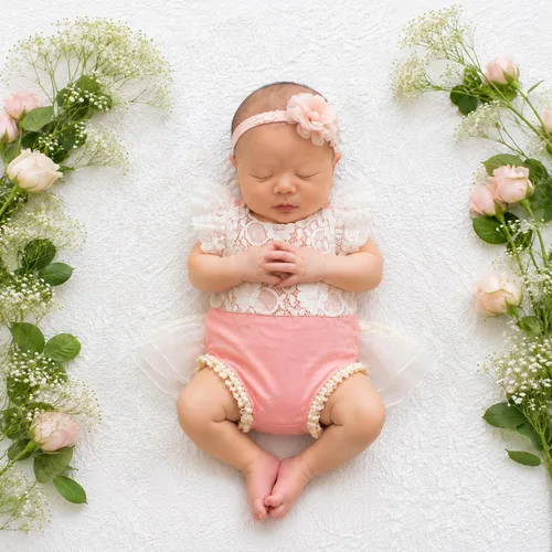 Miniatura 6 de ForBaysy Accesorios de Fotografía para Recién Nacidos Conjunto de Niña Mameluco de Encaje a Juego con Linda Diadema de Flores Vestido para Recién