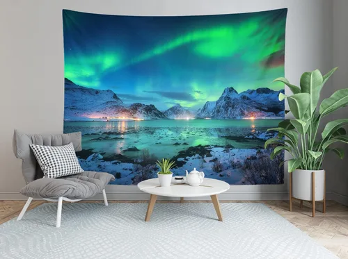 Miniatura 4 de BELECO Northern Lights - Tapiz de pared Aurora Borealis, 60 x 40 pulgadas, vista al lago y montañas de nieve, noche estrellada, tapiz de invierno