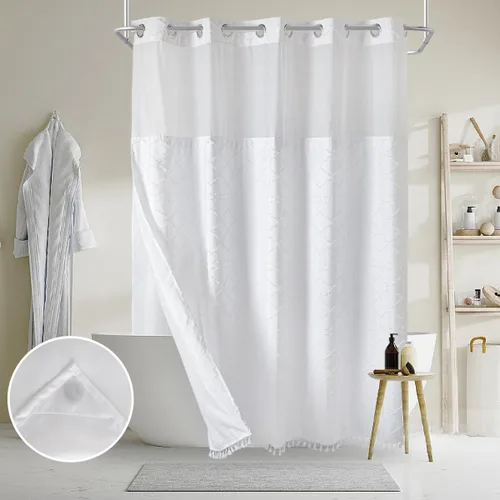 Miniatura 12 de Cortina de ducha de tela pesada sin gancho con forro de imanes a presión, cortina de baño gruesa con borla transparente en la parte superior