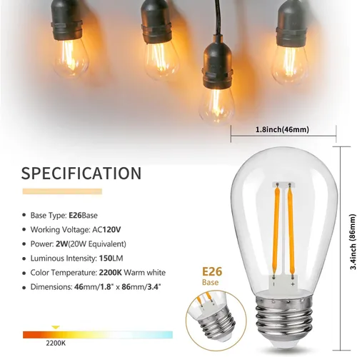 Miniatura 2 de Bombillas LED de repuesto S14, inastillables e impermeables, bombillas LED Edison S14 de 2 W, luces de cadena para exteriores, luces de patio