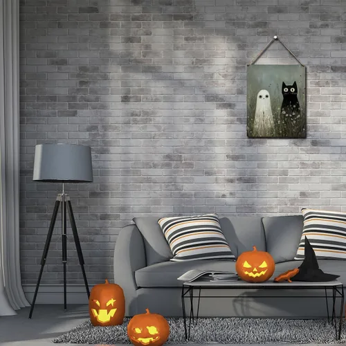 Miniatura 6 de Bonita decoración de Halloween, letrero de puerta de fantasma y gato negro, letrero colgante de madera para interiores, granja, hogar, baño