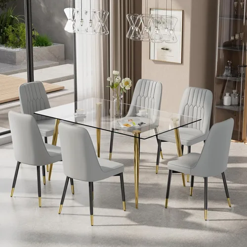 Miniatura 14 de Juego de mesa de comedor moderno de 51 pulgadas para 4, juego de sillas de mesa de cocina de vidrio para 4, mesa de cocina rectangular con 4 sillas