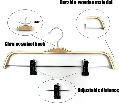 Miniatura 4 de Paquete de 30 perchas de madera natural de 14.5 pulgadas para pantalones, exhibición de ropa, faldas de madera, ganchos inferiores de metal
