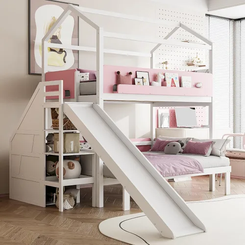 Miniatura 21 de Litera de casa individual sobre cama individual con tobogán convertible y nido, litera de madera maciza con techo y ventana para niños, verde-blanco