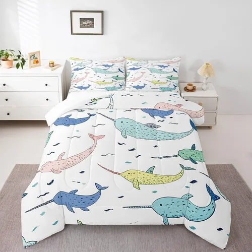 Erosebridal Narwhal - Juego de edredón de ballena oceánica, edredón de plumón náutico costero para niños y niñas, vida marina, animales de dibujos