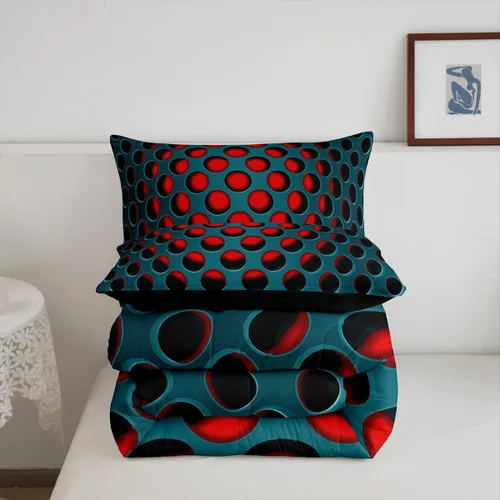 Miniatura 7 de Juego de edredón de nido de abeja, juego de ropa de cama geométrico verde y rojo, tamaño individual, juego de edredón reversible negro con colmena