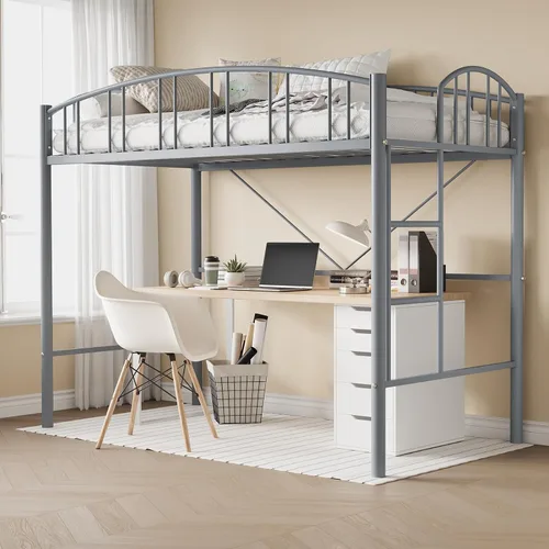 Miniatura 9 de IDEALHOUSE Cama alta tamaño individual con escalera y barandilla de arco alto, listones de metal resistentes, diseño que ahorra espacio
