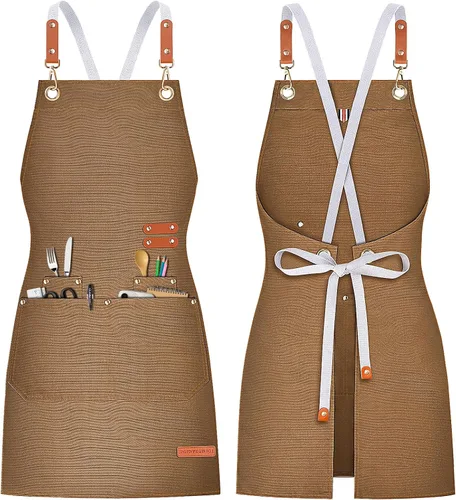 Delantal de Cocina Teskyer con Bolsillos, Resistente al Agua y al Aceite, Delantal de Lona con Espalda Cruzada para Hombre Mujer Chef Servidor