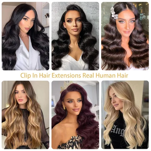 Miniatura 6 de Extensiones de cabello humano con clip, de 18 pulgadas, 8 piezas, color negro azabache, extensiones de cabello humano real para mujer, extensiones