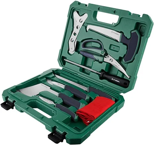 Flissa Kit de aderezo de campo de caza, juego de 10 cuchillos de caza con cuchillo de desollado, kit de procesamiento de juego de carnicero con