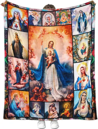 Manta de microfibra Virgen María, manta de microfibra con diseño de Nuestra Señora de Guadalupe, cálida y acogedora manta cristiana de oración para