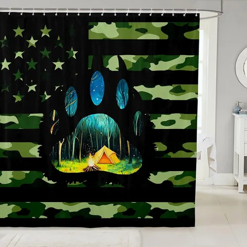 Erosebridal American Flag Shower Curtain 72" Wx72 L Army Green Camo Waterproof Bathroom Curtains Bear Claw Hunting Theme Bathroom Shower Curtain