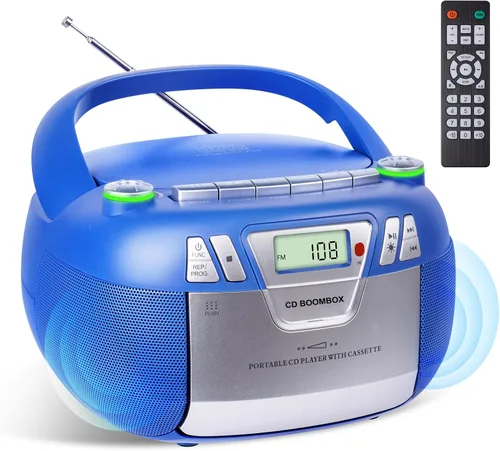 Boombox - Reproductor de CD con Bluetooth y reproductor de cassette, radio AM/FM portátil, entrada MP3/USB/AUX, sistema de sonido estéreo con