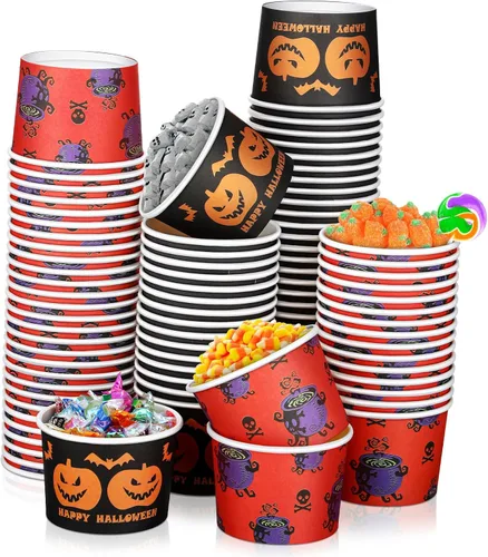 Miniatura 8 de Tanlade 100 vasos desechables de calabaza de Halloween de 8 onzas, tazas de papel de esqueleto, cuencos para dulces, suministros de fiesta