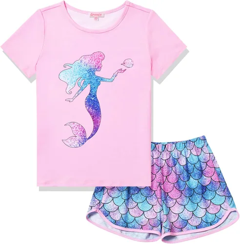 Miniatura 7 de QPANCY Pijamas de verano para niñas, conjuntos de pijamas de manga corta para dormir de verano