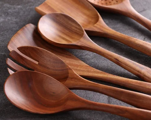 Miniatura 3 de Juego de 6 cucharas de madera de acacia para cocinar, juego de utensilios de madera Duradero, no tóxico, antiadherente, acabado suave, fácil