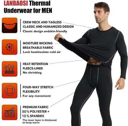 Miniatura 4 de LANBAOSI Conjunto de ropa interior térmica para hombre, conjunto de pantalones largos con forro polar, capa base cálida, trajes de compresión
