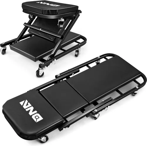 Miniatura 14 de DNA MOTORING Carro plegable 2 en 1 de 36 pulgadas en forma de Z, silla ajustable para garaje puedes acostarte o sentarte, 6 ruedas, capacidad de 330