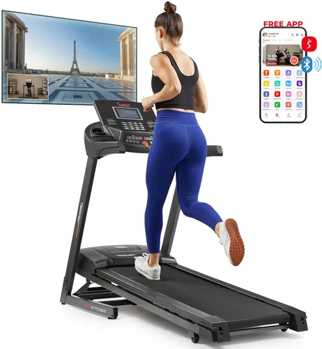 Sunny Health & Fitness Treadmill with Auto Incline, Shock Absorption, Pulse Sensors & Bluetooth — Optional SunnyFit App Compatibility