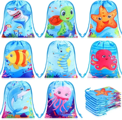 Cunno 24 bolsas de regalo con cordón de océano, reutilizables, animales marinos, bolsas de dulces para cumpleaños, bajo el mar, bajo el agua,