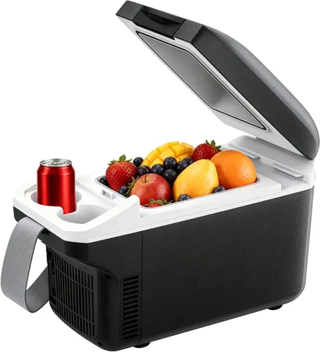 Iceblue Enfriador eléctrico con tipo C, mini refrigerador de 8 litros/11 latas con cinturón, refrigerador termoeléctrico de doble uso tipo C de 9 V
