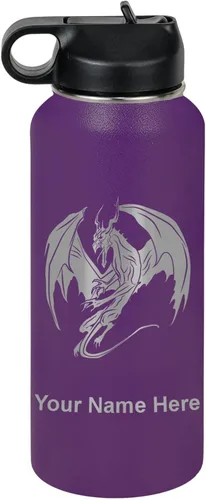 Miniatura 46 de LaserGram Botella de agua con tapa abatible de doble pared de 12 onzas con pajilla, dragón, grabado personalizado incluido (negro)