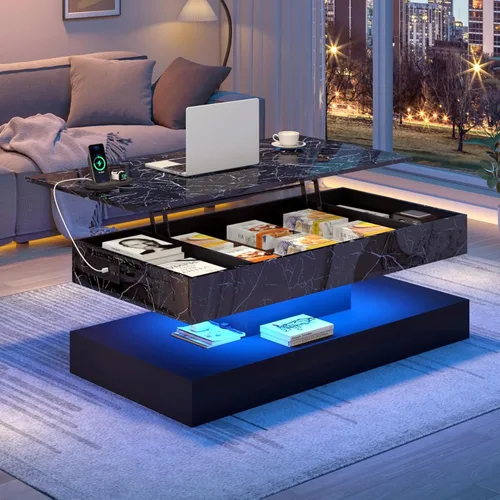 Miniatura 9 de chartustriable Mesa de Centro Grande de 39.4" con Tapa Elevable y Estación de Carga, Mesa Central LED Moderna de Alto Brillo con Compartimento
