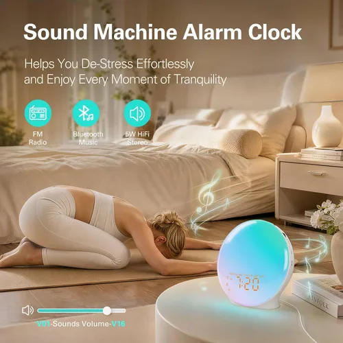 Miniatura 7 de Reloj Despertador de Luz de Amanecer para Dormitorio, 17 Luces Nocturnas, Máquina de Sonido con Altavoz Bluetooth de 5W, 25 Sonidos Relajantes