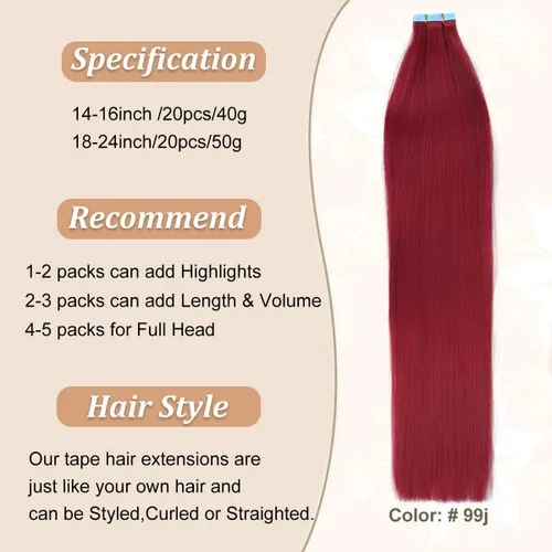 Miniatura 2 de Extensiones de cabello humano con cinta, color borgoña #99J, sin costuras, trama de piel, invisible, color rojo vino, extensiones de cabello lacio