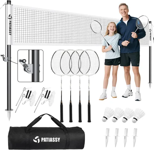 Professional Badminton Set with Carbon Aluminum Badminton Rackets Set of 4, Outdoor Portable Badminton Net with Winch System, 4 Nylon Badminton