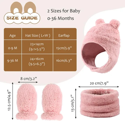 Miniatura 7 de Conjunto de gorro y manoplas de forro polar para bebé, gorro de invierno para niños pequeños, bufanda cálida con orejas de bebé, bufandas