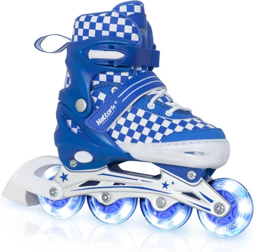 Nattork Patines en línea ajustables para niños y adolescentes, ruedas iluminadoras, patines con diseño de tablero de ajedrez para niños y niñas Azul