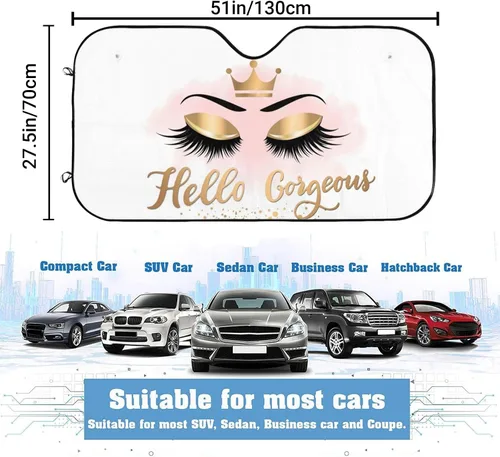 Miniatura 2 de Parasol para el parabrisas delantero del automóvil con leyenda Hello Gorgeous, pestañas y corona dorada, bloquea los rayos UV en verano, es plegable