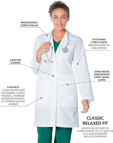 Miniatura 2 de 5 bolsillos, ajuste clásico relajado, longitud completa, 3 botones, bata de laboratorio para mujer 3165