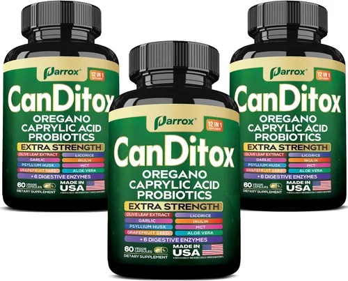 CanDitox - Cápsulas de orégano, ácido caprílico, ajo, hoja de olivo, cáscara de psyllium, regaliz, probióticos, inulina, aloe vera, aceite MCT,