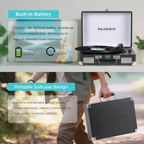 Miniatura 2 de Tocadiscos portátil con plato giratorio de 3 velocidades, conectividad Bluetooth, batería incorporada de 1800 mAh, diseño retro de maleta