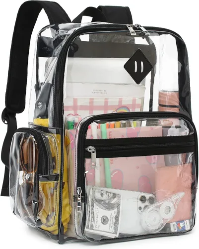 Fuyicat Mochila transparente resistente para niñas, niños, mujeres y hombres, mochila escolar transparente de PVC transparente (negro)