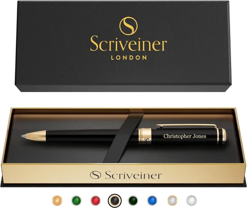 Miniatura 18 de Bolígrafo laqueado en negro Scriveiner - Impresionante pluma de lujo, chapado en oro real, repuesto Schmidt de tinta negra, el mejor juego de regalo