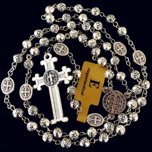 Miniatura 5 de elegantmedical Collar de cruz azul de San Benito con cuentas de rosa de plata hechas a mano y bonita caja de joyería de metal