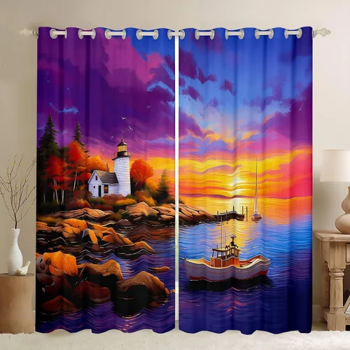 Miniatura 24 de Erosebridal Nautical Lighthouse Blackout Curtains 30-50% Navigation Theme Curtains for Women Men Watercolor Seascape Window Treatments Coastal Night