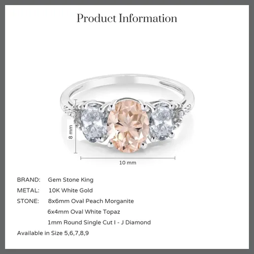 Miniatura 43 de Anillo de compromiso ovalado de oro blanco de 10 quilates con piedra natal y topacio blanco de 3 piedras con detalles de diamante Centro de 0.315